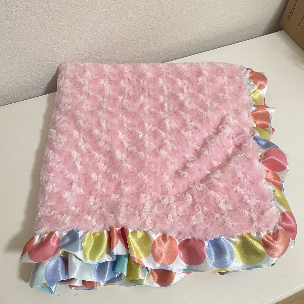 Tourance Baby Blanket Pink Swirl with Rainbow Polka Dots Ruffles Satin Trim
